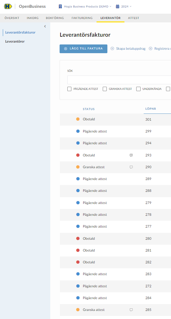 Leverantörsfakturor i Openbusiness