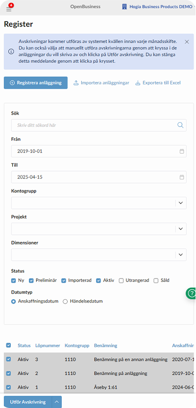 Anläggningsredovisningsvy från mobilen