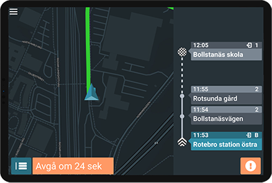En iPad med LinjeGuidens navigationsvy synlig på skärmen.